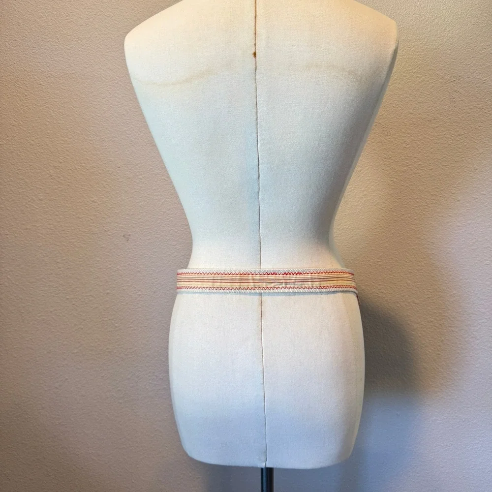 Woven Canvas Striped Belt Red Cream Silver Buckle D-Ring Grommet Casual Boho